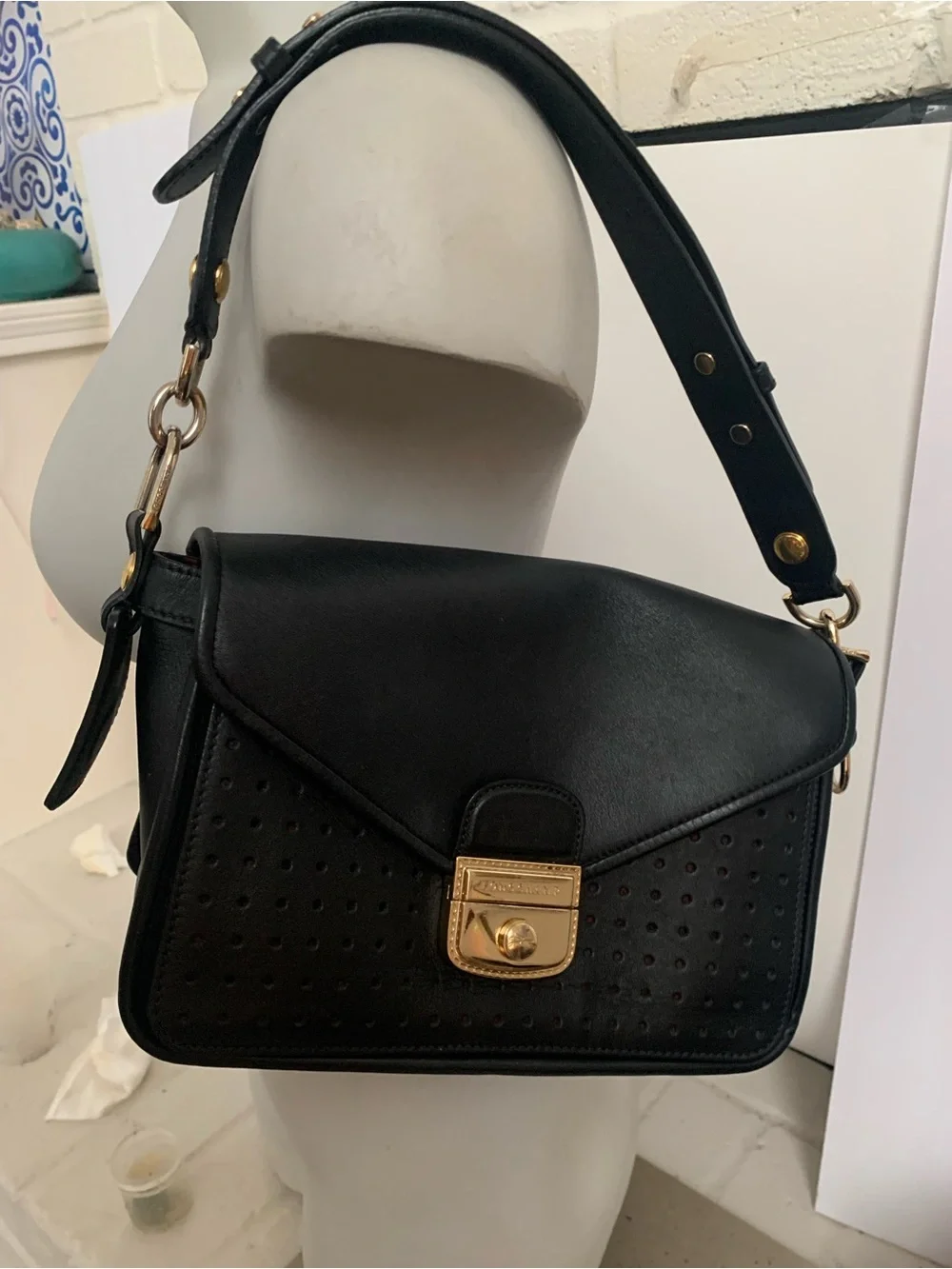 Black Longchamp  Leather Shoulder Bag with Gold Hardware